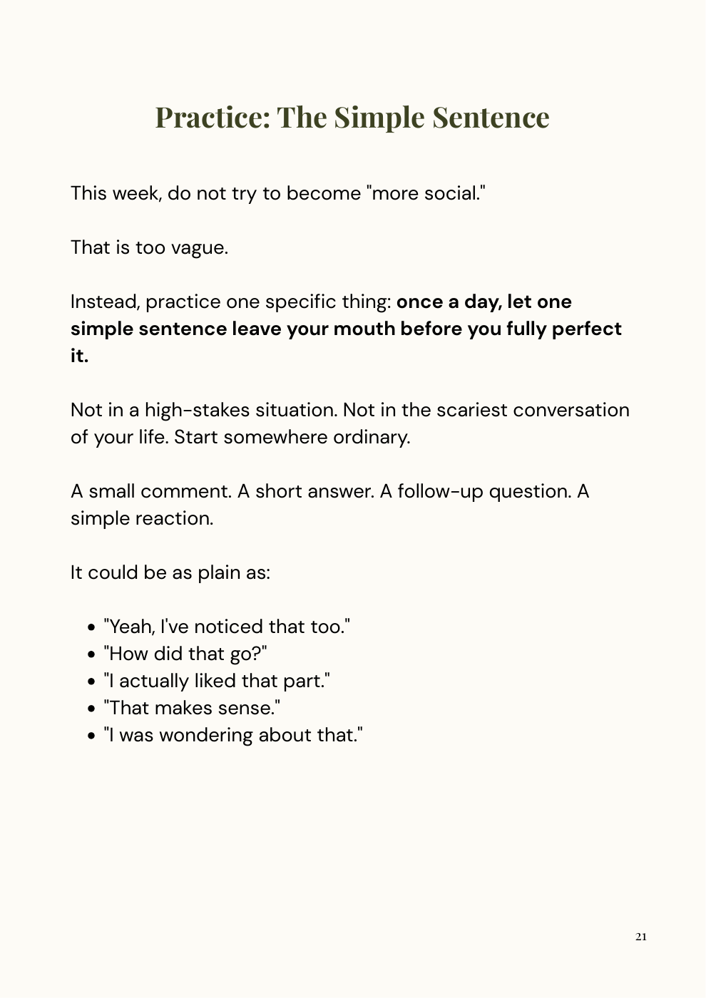 Page 21 of Understanding Social Anxiety, titled Practice: The Simple Sentence
