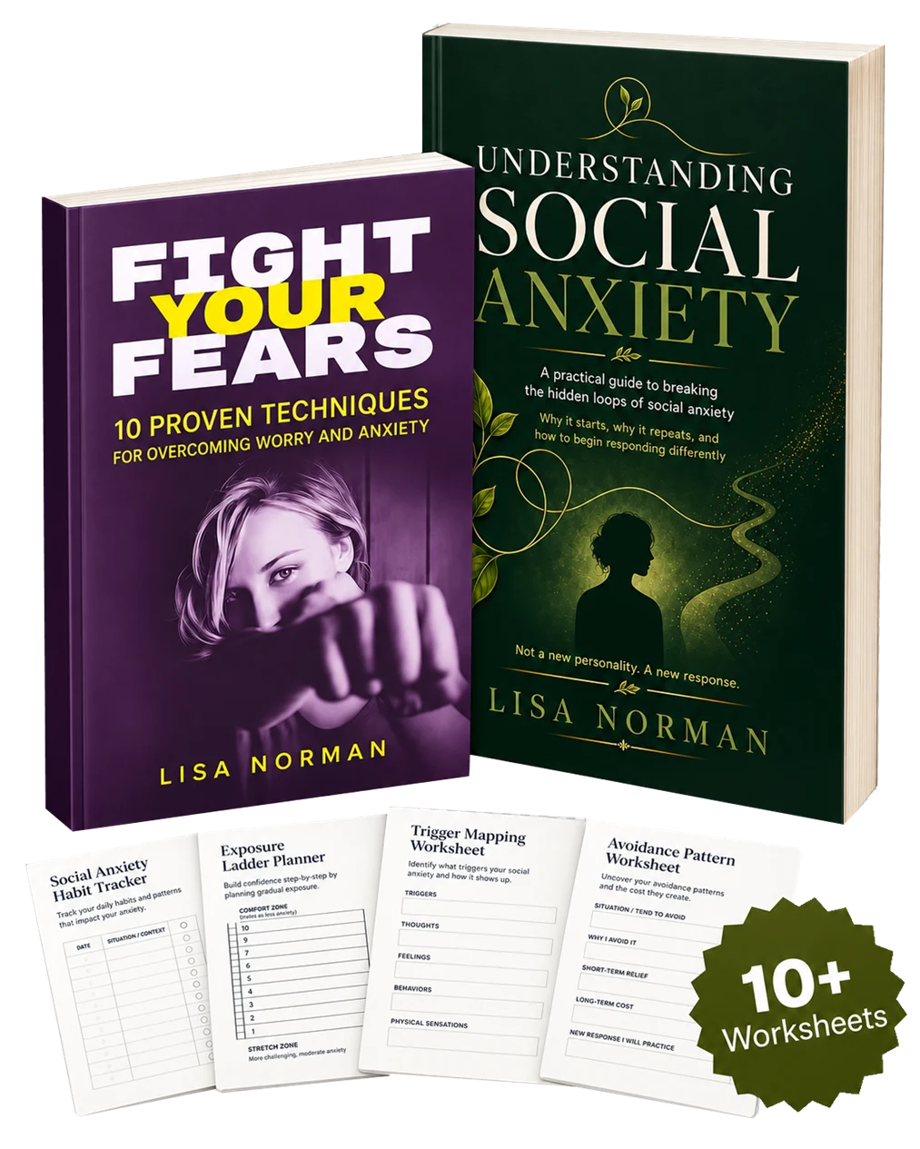 Understanding Social Anxiety, the Fight Your Fears companion guide, and included worksheet previews